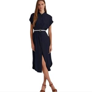 Lauren Ralph Lauren | Navy Crepe Belted Shirtdress Size 16 Nautical Silky